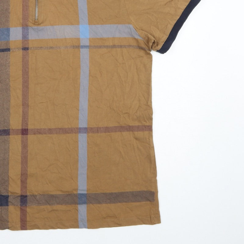 Next Men's Brown XL Check 1/4 Zip Short Sleeve Cotton Polo Shirt