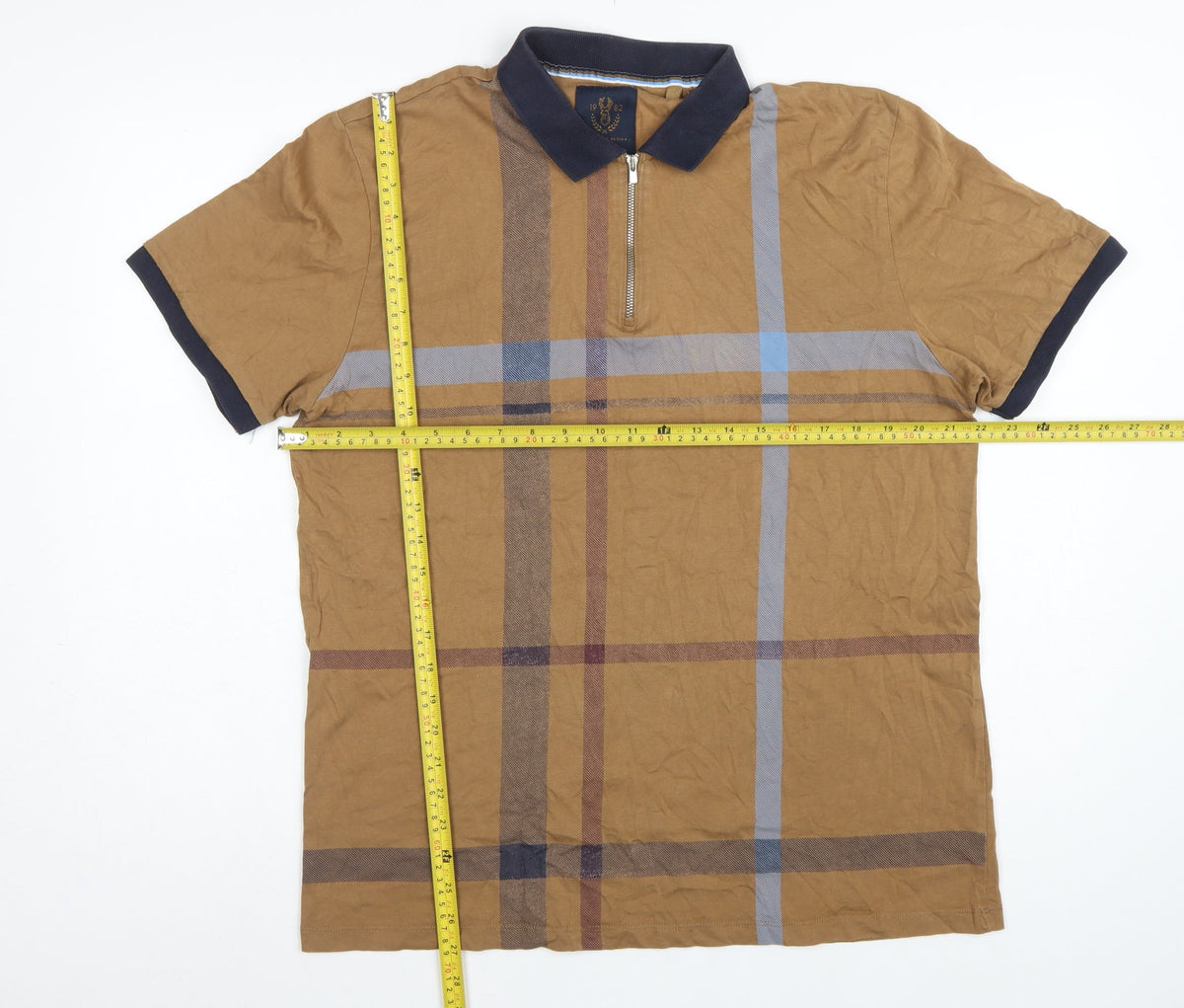 Next Men's Brown XL Check 1/4 Zip Short Sleeve Cotton Polo Shirt