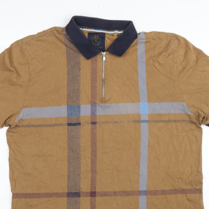 Next Men's Brown XL Check 1/4 Zip Short Sleeve Cotton Polo Shirt
