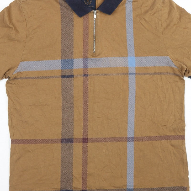Next Men's Brown XL Check 1/4 Zip Short Sleeve Cotton Polo Shirt