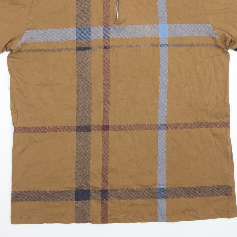Next Men's Brown XL Check 1/4 Zip Short Sleeve Cotton Polo Shirt