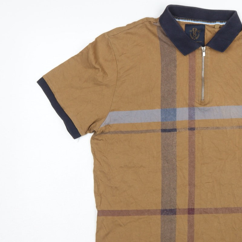 Next Men's Brown XL Check 1/4 Zip Short Sleeve Cotton Polo Shirt