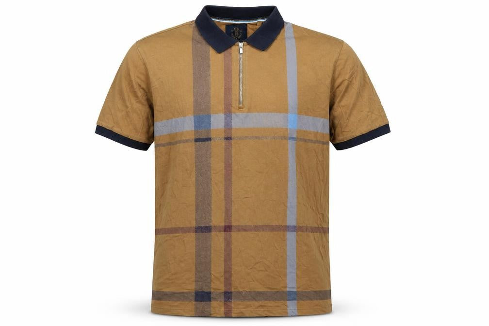 Next Men's Brown XL Check 1/4 Zip Short Sleeve Cotton Polo Shirt