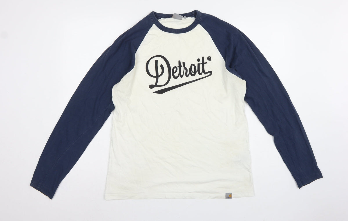 Carhartt Men’s M White Blue Detroit Logo Long Sleeve Raglan T-Shirt