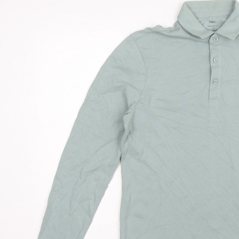Marks and Spencer Men Green S Regular Fit Long Sleeve Cotton Polo