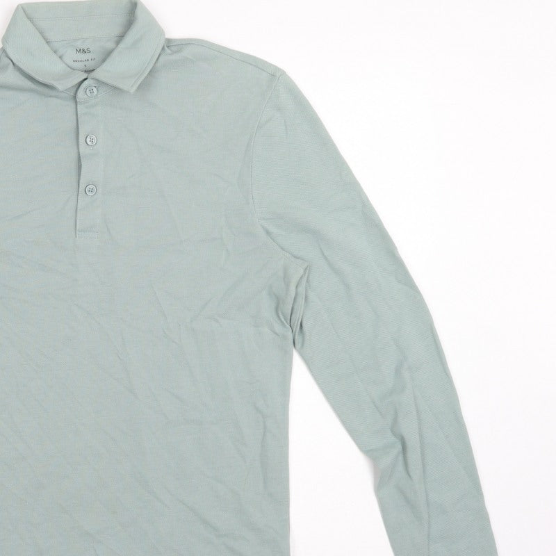 Marks and Spencer Men Green S Regular Fit Long Sleeve Cotton Polo