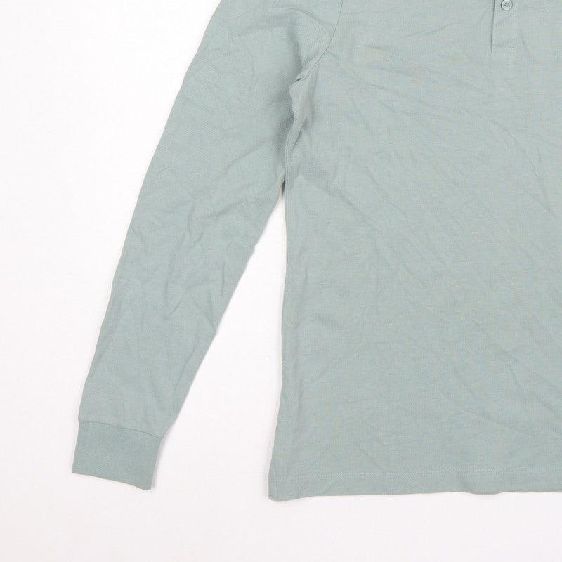 Marks and Spencer Men Green S Regular Fit Long Sleeve Cotton Polo
