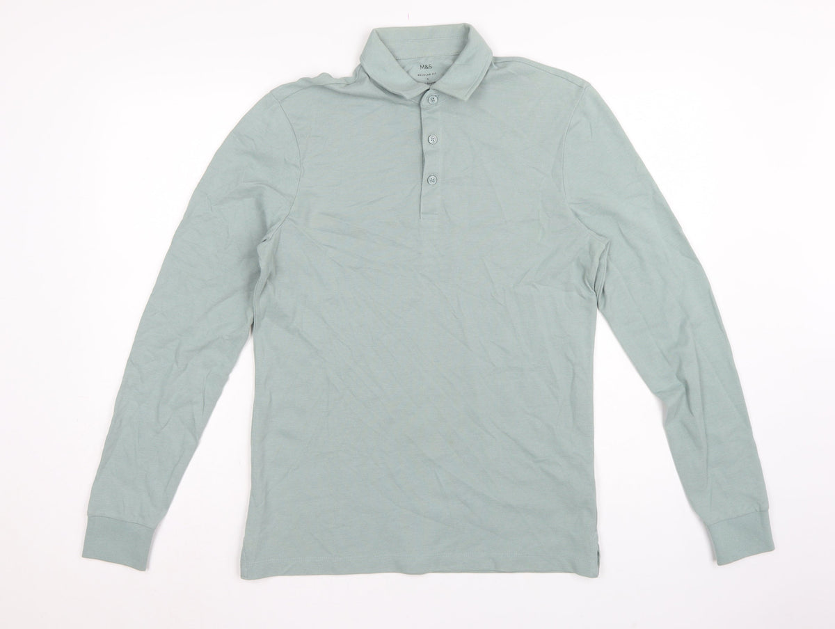 Marks and Spencer Men Green S Regular Fit Long Sleeve Cotton Polo