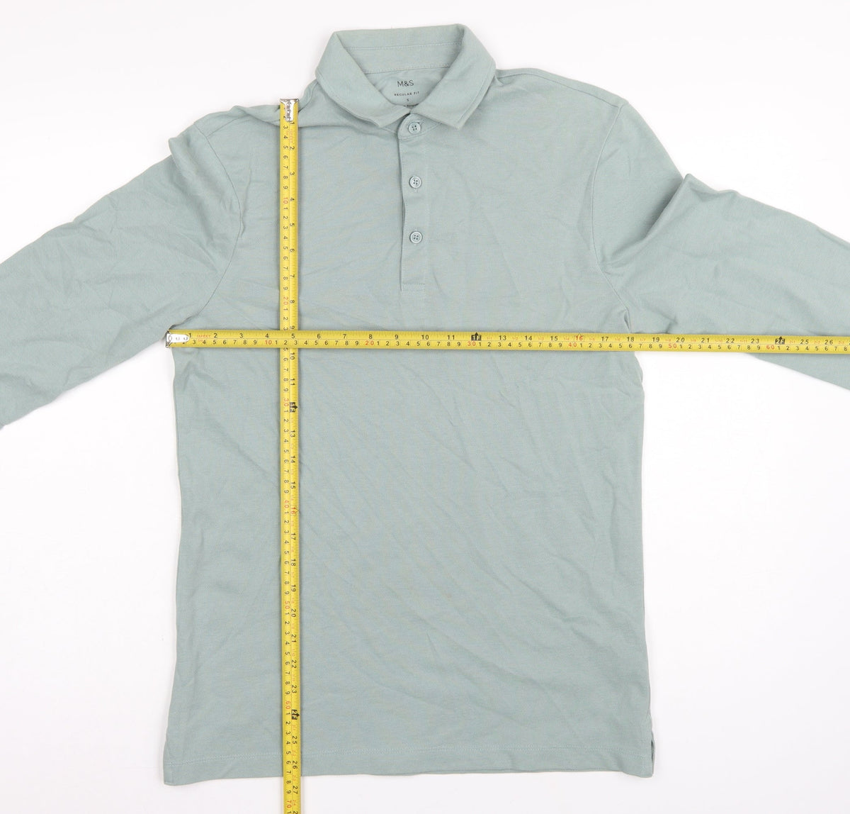 Marks and Spencer Men Green S Regular Fit Long Sleeve Cotton Polo