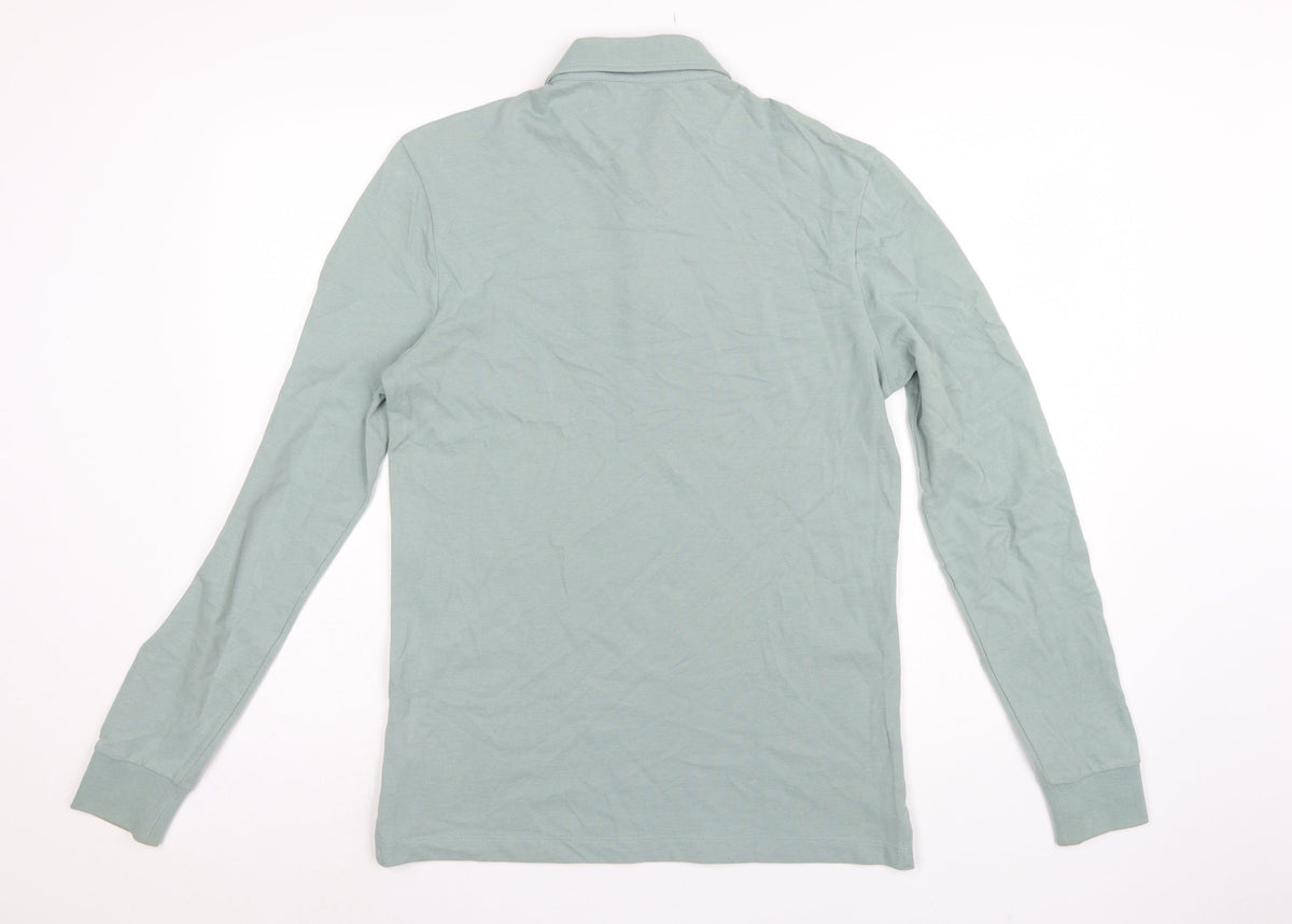 Marks and Spencer Men Green S Regular Fit Long Sleeve Cotton Polo