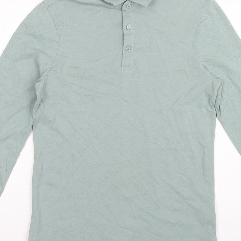 Marks and Spencer Men Green S Regular Fit Long Sleeve Cotton Polo