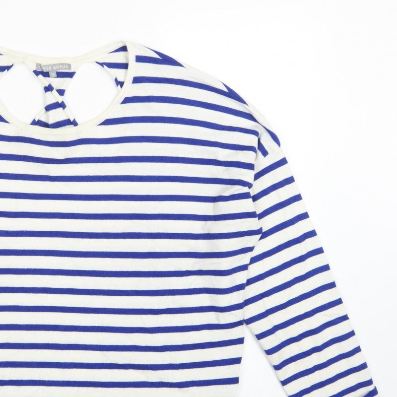 Oliver Bonas Women Blue White Stripe V-Neck Keyhole Back Top UK 16