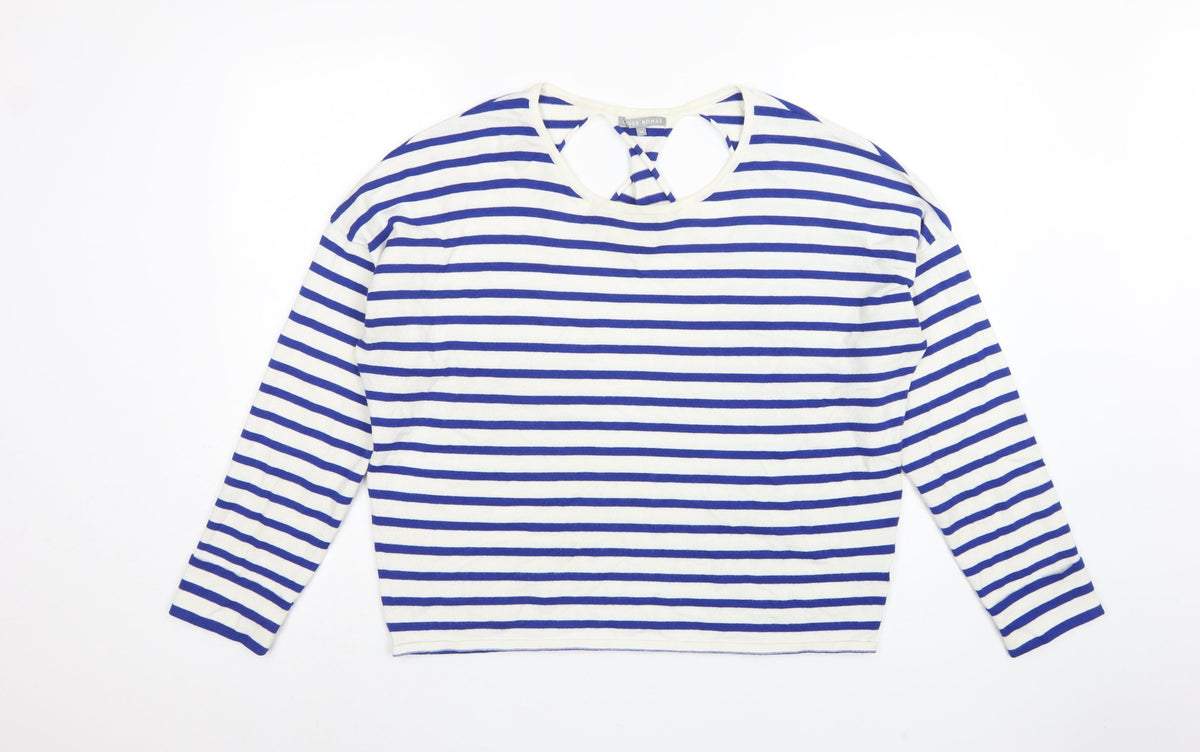Oliver Bonas Women Blue White Stripe V-Neck Keyhole Back Top UK 16