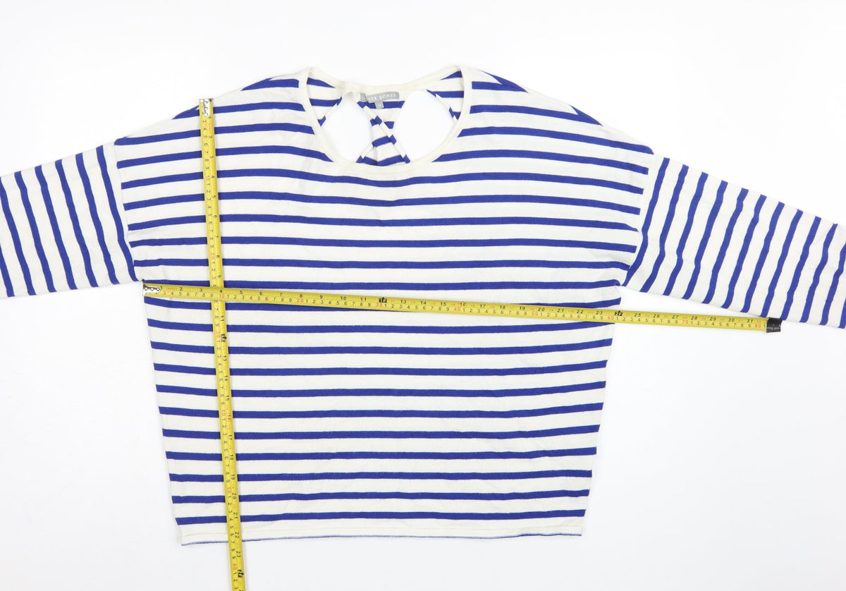 Oliver Bonas Women Blue White Stripe V-Neck Keyhole Back Top UK 16