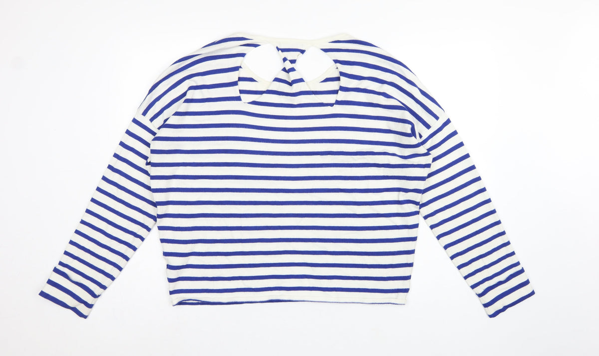 Oliver Bonas Women Blue White Stripe V-Neck Keyhole Back Top UK 16