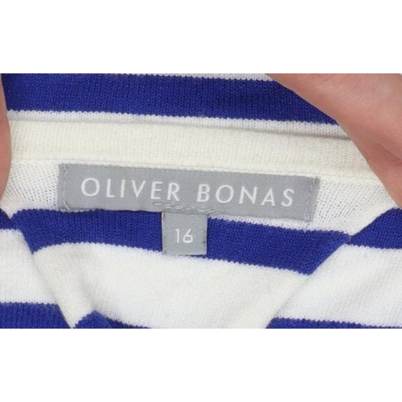 Oliver Bonas Women Blue White Stripe V-Neck Keyhole Back Top UK 16