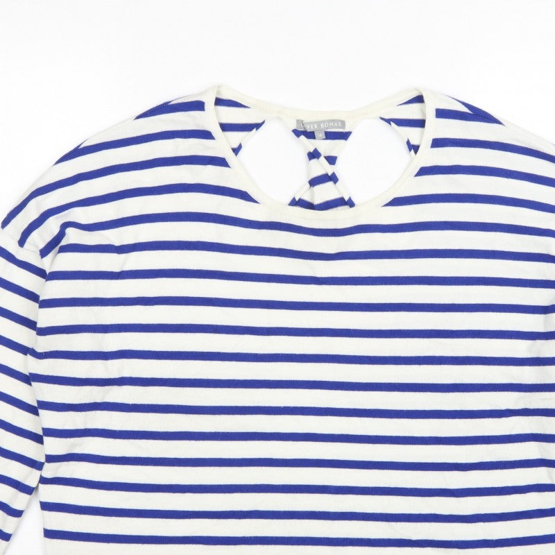 Oliver Bonas Women Blue White Stripe V-Neck Keyhole Back Top UK 16