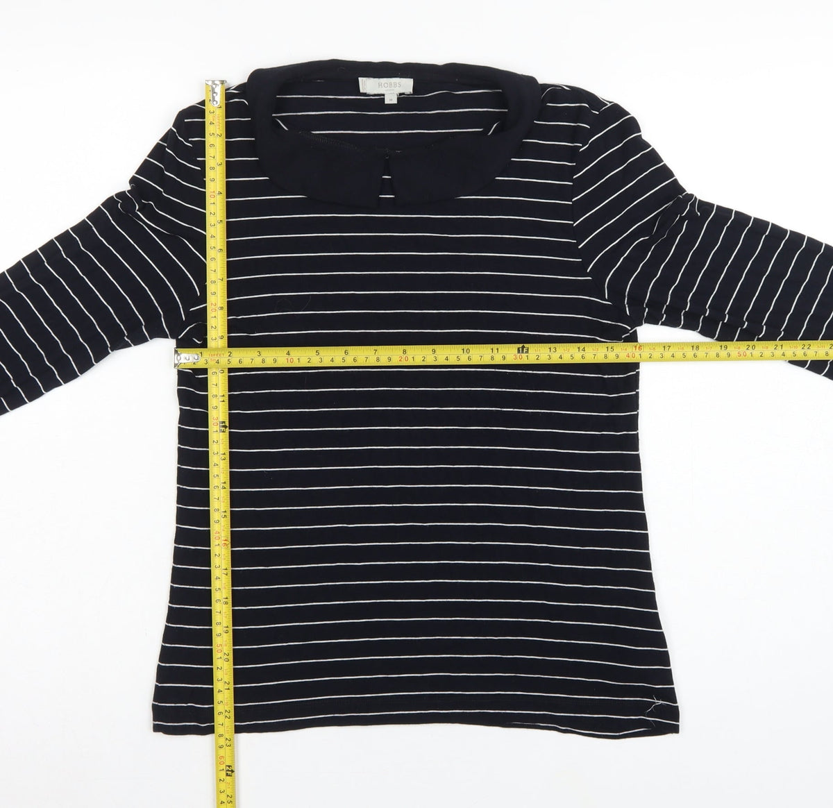 Hobbs Women Black White Striped Long Sleeve Collared Polo Top M