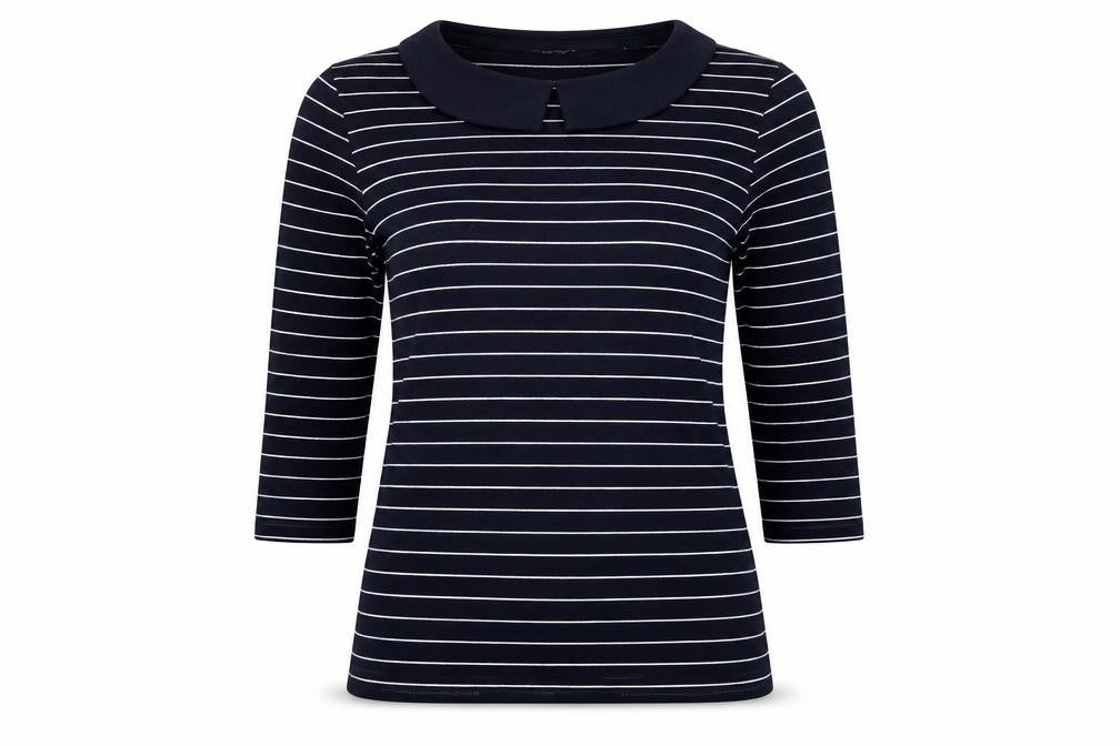Hobbs Women Black White Striped Long Sleeve Collared Polo Top M