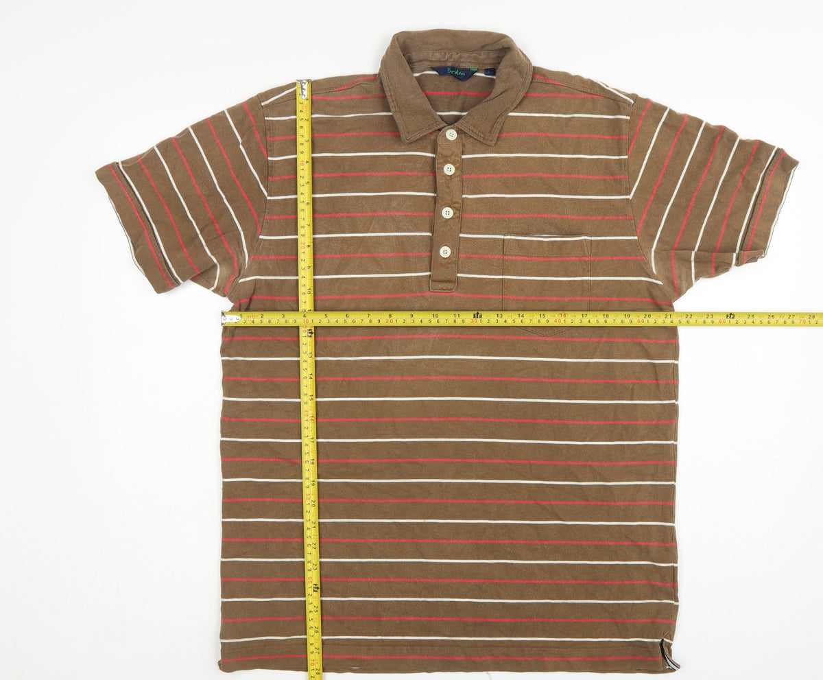 Close-up detail of Boden men’s brown striped cotton short sleeve polo shirt, size L