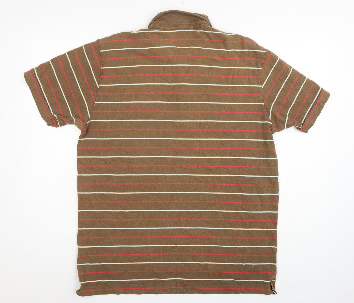 Brand and care label for Boden men’s brown striped cotton short sleeve polo shirt, size L