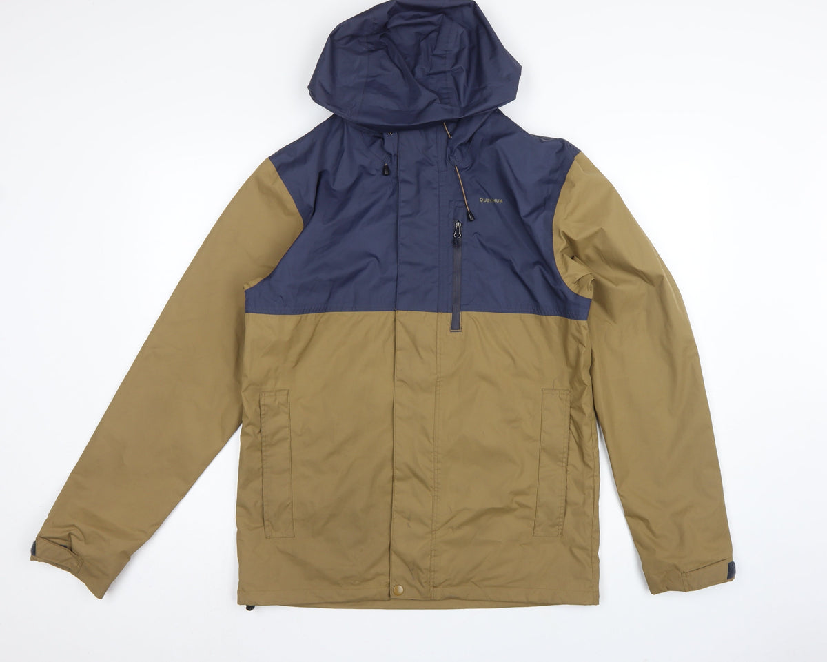 Quechua Men’s Navy Khaki S Hooded Waterproof Hiking Anorak Jacket