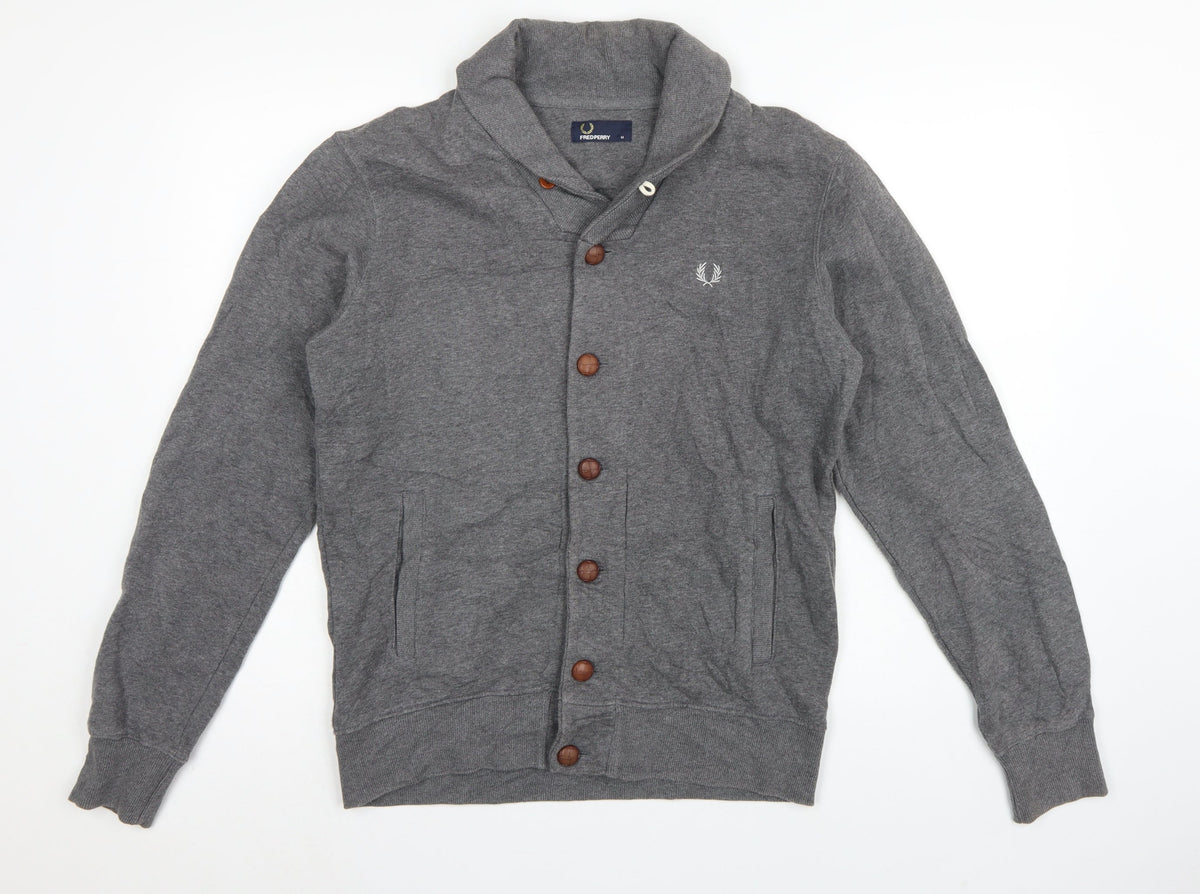 Fred Perry Men’s Grey M Hooded Button Cardigan Sweatshirt Logo