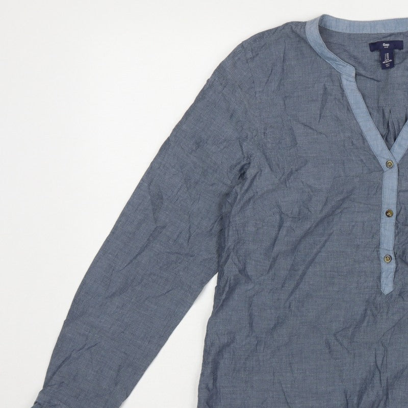 Gap Women Blue Cotton V-Neck Button Long Sleeve Blouse Size M