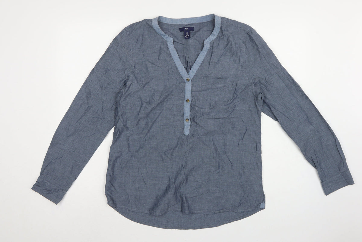 Gap Women Blue Cotton V-Neck Button Long Sleeve Blouse Size M
