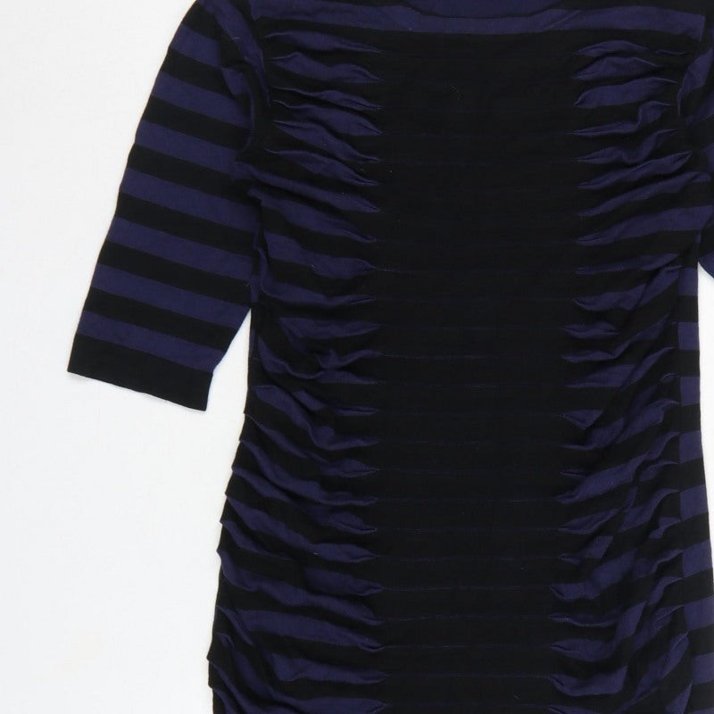 Phase Eight Women Blue Black Stripe Ruched Bodycon Dress UK 14