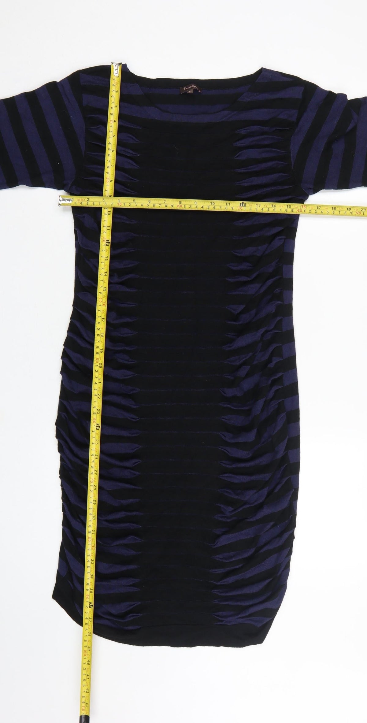 Phase Eight Women Blue Black Stripe Ruched Bodycon Dress UK 14