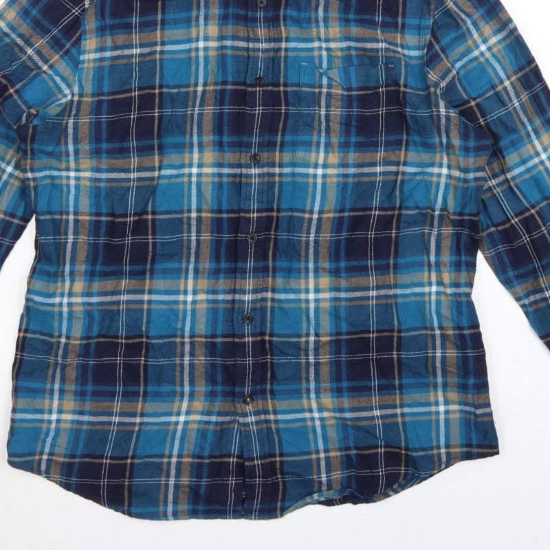 Marks and Spencer Men Blue Plaid Cotton Button-Down Shirt L