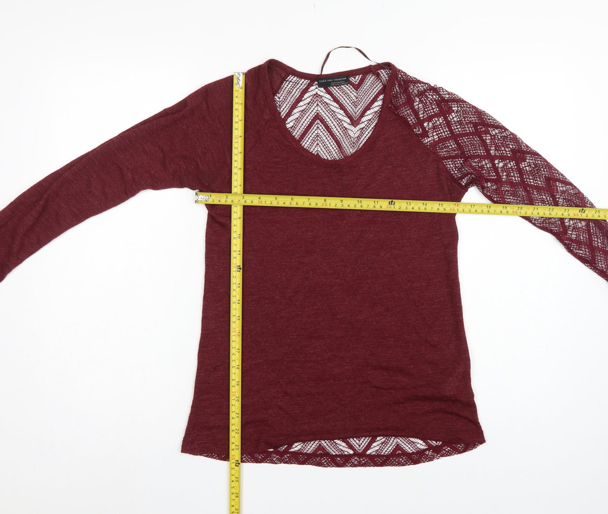 Zara Women Red S Geometric Crochet Sheer Long Sleeve Scoop Neck Top