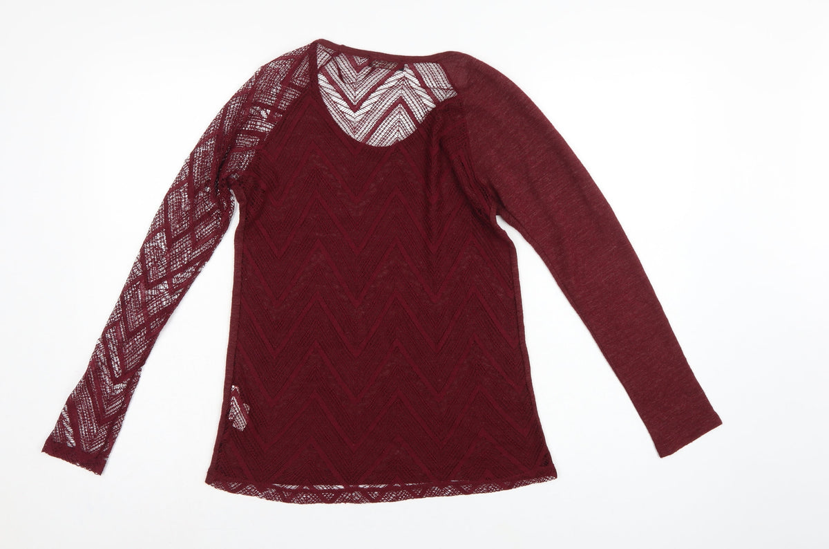 Zara Women Red S Geometric Crochet Sheer Long Sleeve Scoop Neck Top