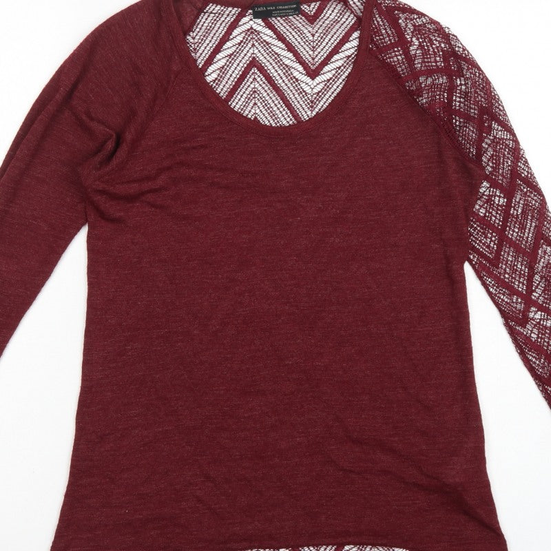 Zara Women Red S Geometric Crochet Sheer Long Sleeve Scoop Neck Top