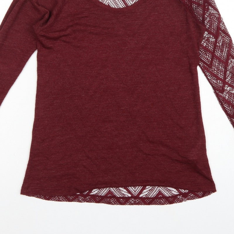 Zara Women Red S Geometric Crochet Sheer Long Sleeve Scoop Neck Top