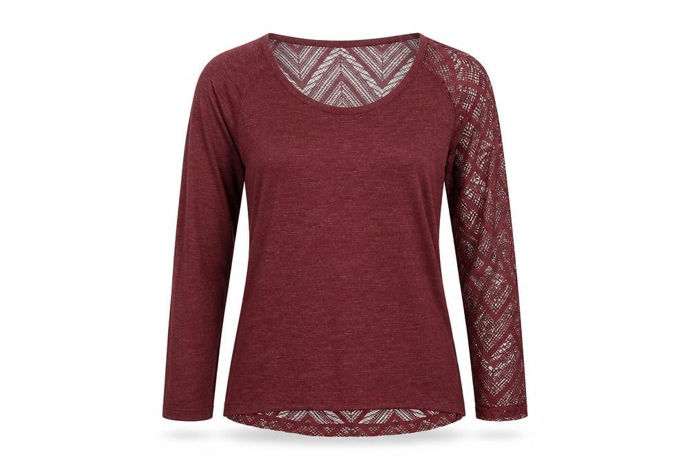 Zara Women Red S Geometric Crochet Sheer Long Sleeve Scoop Neck Top