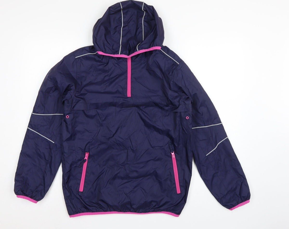 Marks and Spencer Girls Blue 13-14 Years Hooded Anorak Pink Trim