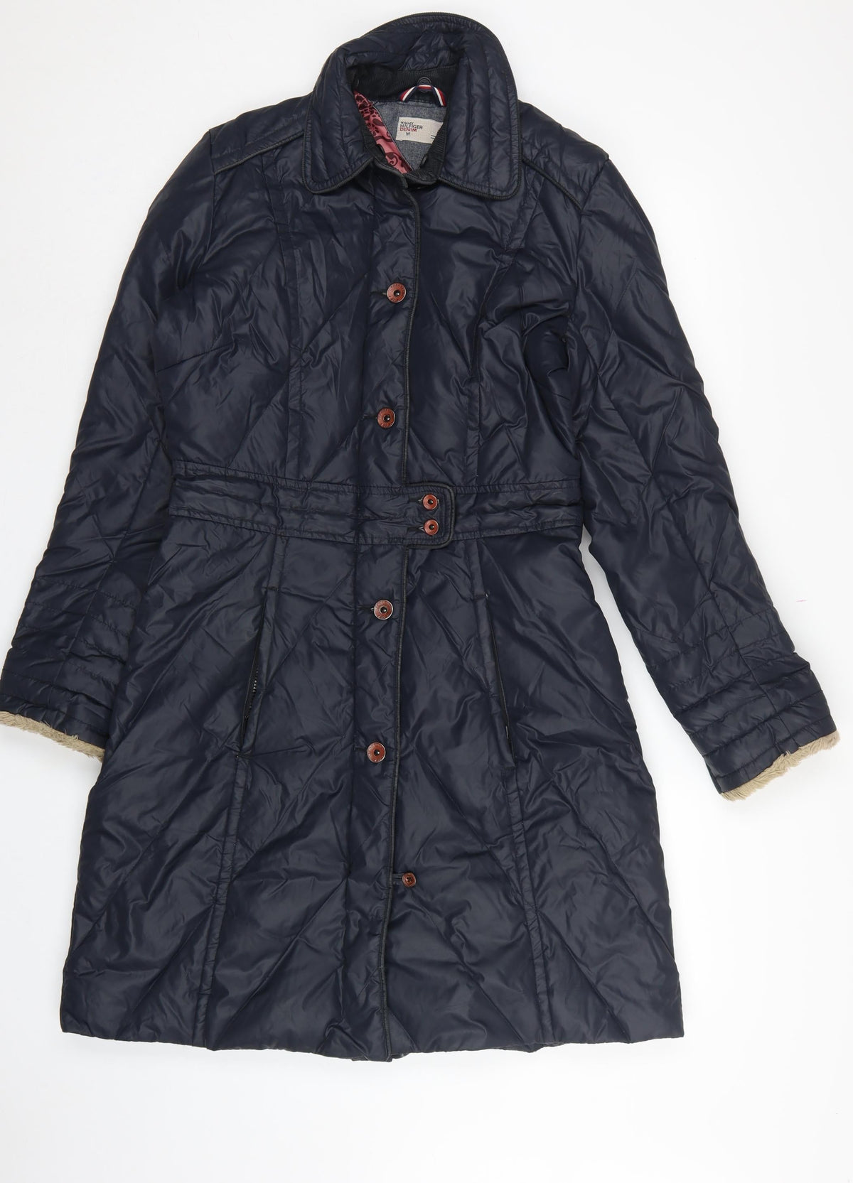 Tommy Hilfiger Denim Women Blue M Long Quilted Belted Padded Coat