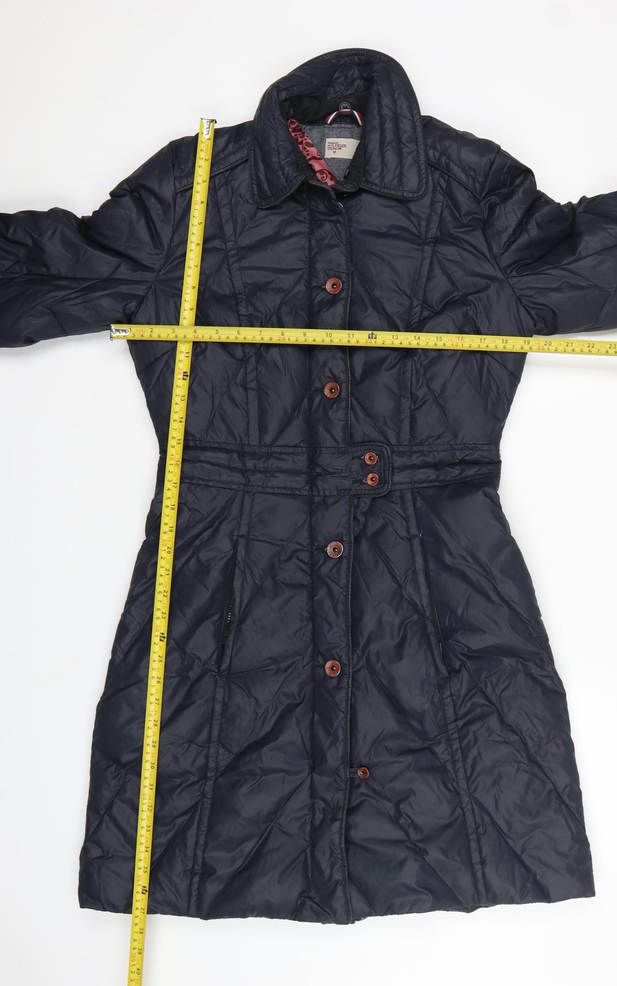 Tommy Hilfiger Denim Women Blue M Long Quilted Belted Padded Coat