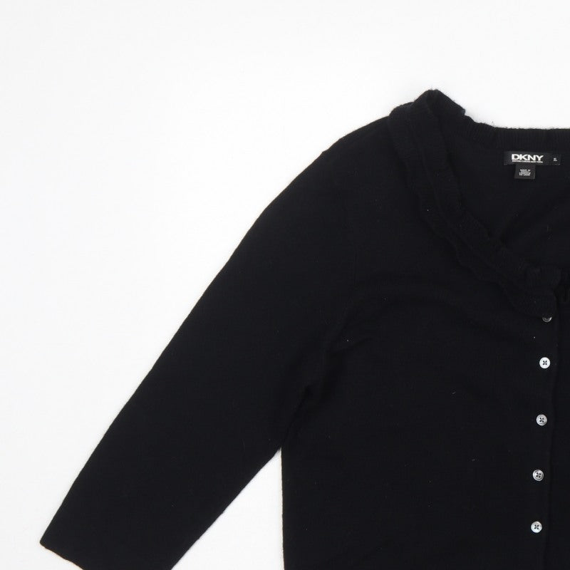 DKNY Women’s Black XL Ruffle V-Neck Lambswool Cashmere Cardigan