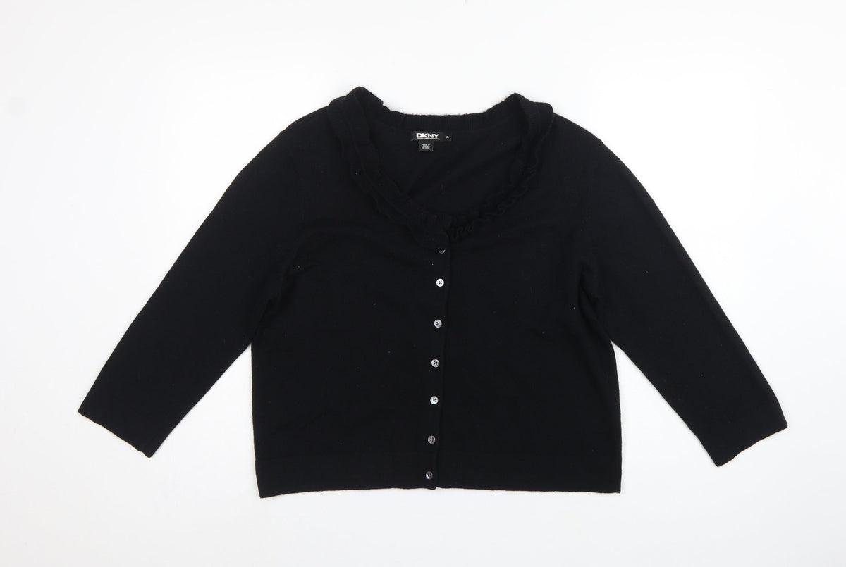 DKNY Women’s Black XL Ruffle V-Neck Lambswool Cashmere Cardigan
