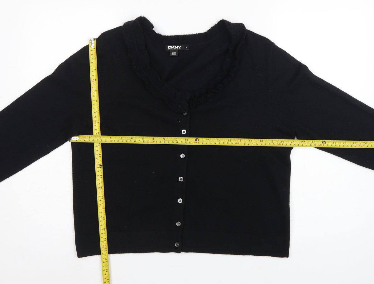 DKNY Women’s Black XL Ruffle V-Neck Lambswool Cashmere Cardigan