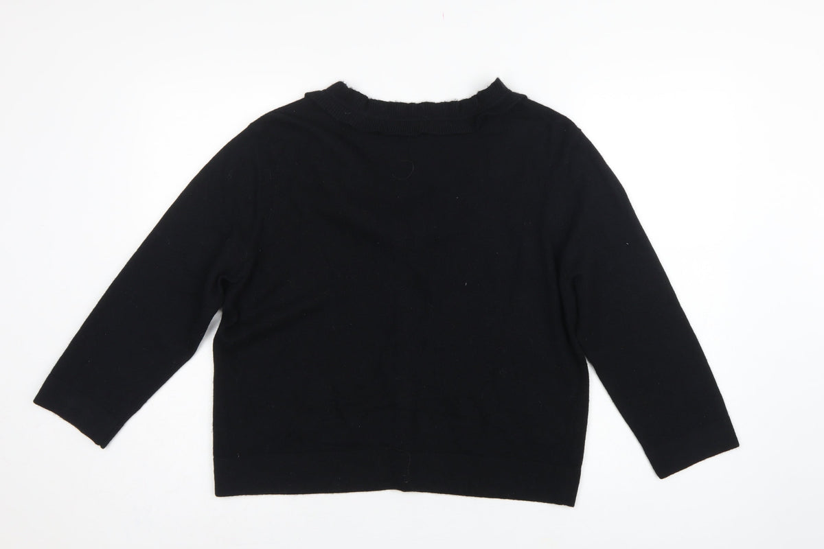 DKNY Women’s Black XL Ruffle V-Neck Lambswool Cashmere Cardigan