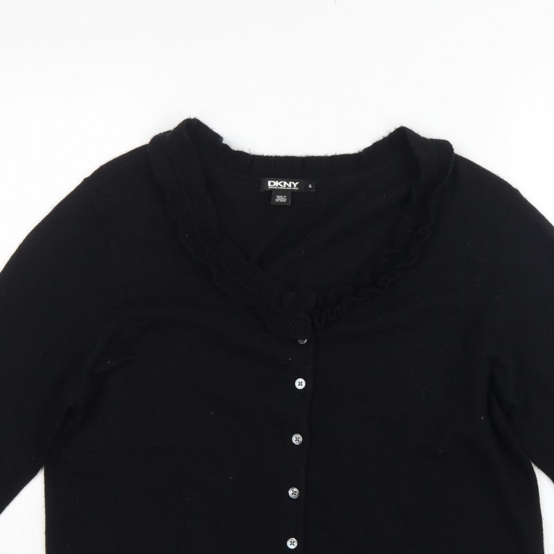 DKNY Women’s Black XL Ruffle V-Neck Lambswool Cashmere Cardigan