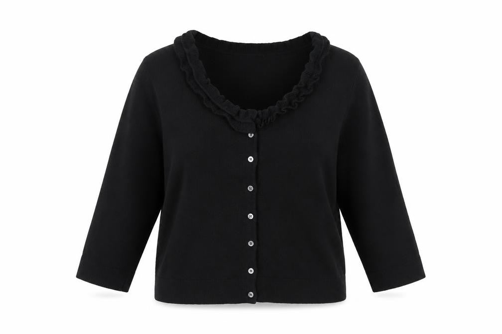 DKNY Women’s Black XL Ruffle V-Neck Lambswool Cashmere Cardigan
