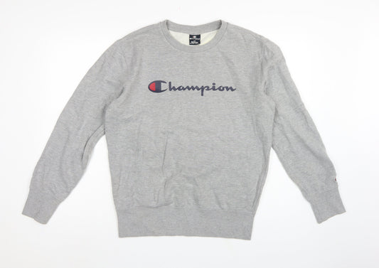 Back view of Champion Men's Grey Medium Crew Neck Logo Fleece Sweatshirt