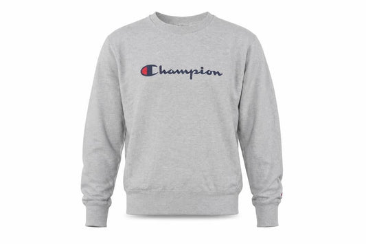 Front view of Champion Men's Grey Medium Crew Neck Logo Fleece Sweatshirt