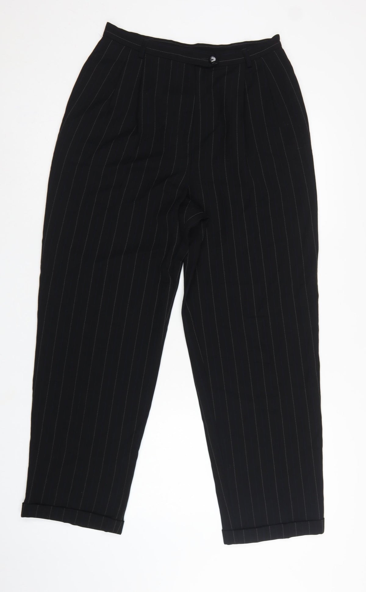 Marks & Spencer Women Black Pinstripe Wool Pleated Trousers UK 14