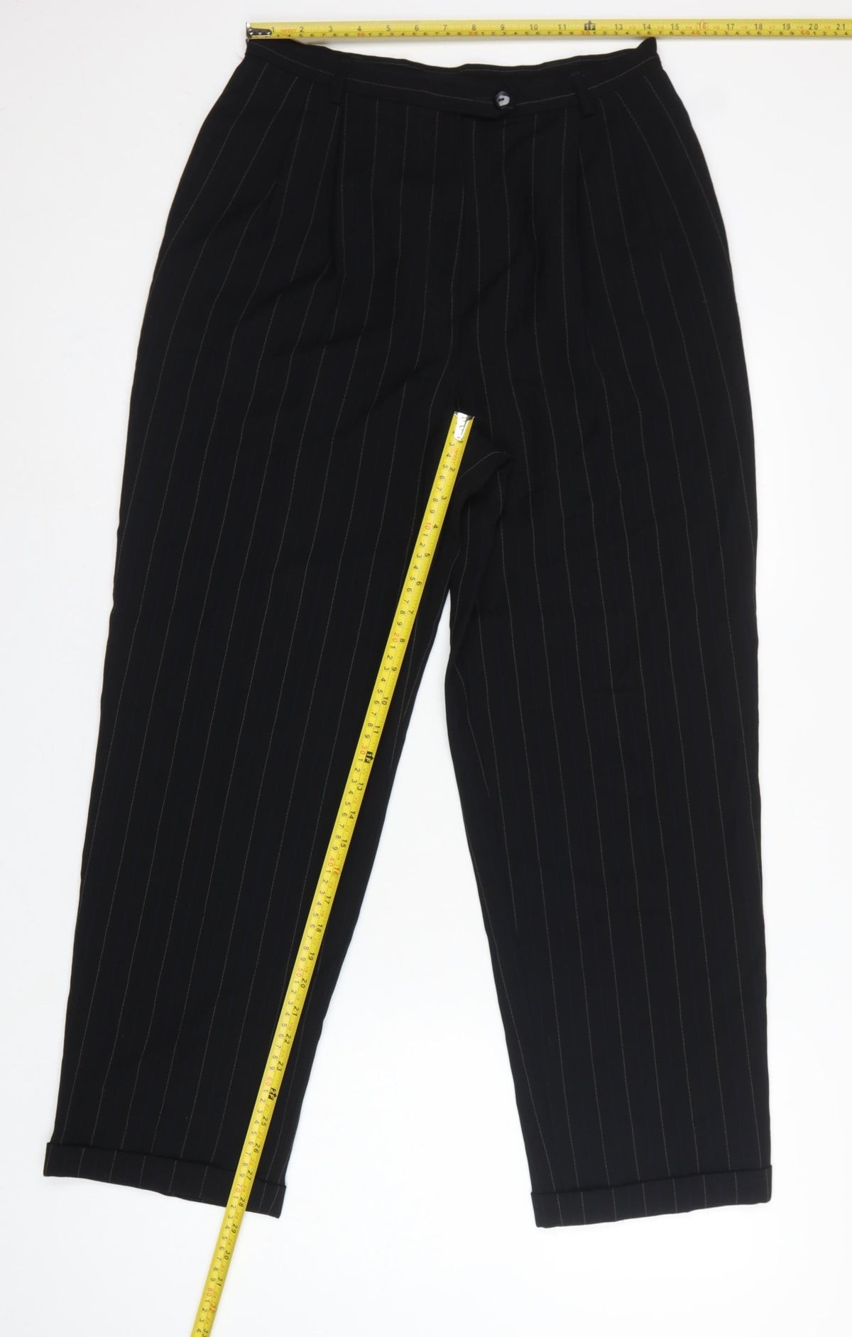 Marks & Spencer Women Black Pinstripe Wool Pleated Trousers UK 14